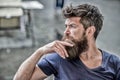 Making hard decision. Bearded man concentrated face. Hipster with beard thoughtful expression. Thoughtful mood concept Royalty Free Stock Photo