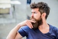 Making hard decision. Bearded man concentrated face. Hipster with beard thoughtful expression. Thoughtful mood concept Royalty Free Stock Photo