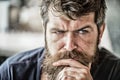 Making hard decision. Man with beard and mustache thoughtful troubled. Bearded man concentrated face. Hipster with beard Royalty Free Stock Photo