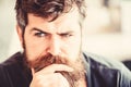Making hard decision. Man with beard and mustache thoughtful troubled. Bearded man concentrated face. Hipster with beard Royalty Free Stock Photo