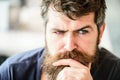Making hard decision. Man with beard and mustache thoughtful troubled. Bearded man concentrated face. Hipster with beard Royalty Free Stock Photo