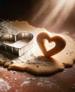 Making heart shaped cookies for Valentine\'s Day. Cookies, molds and flour on wooden table