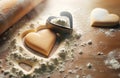 Making heart shaped cookies for Valentine\'s Day. Cookies, molds and flour on wooden table