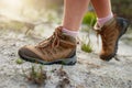 Making her way along the trail. Closeup shot of the feet of an unrecognizable woman hiking along a trail. Royalty Free Stock Photo