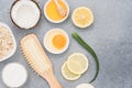 Making homemade hair mask with natural ingredients - egg yolk, herbal honey, aloe vera, greek yogurt, coconut oil and oatmeal Royalty Free Stock Photo