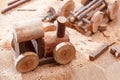 Making a homemade toy made of wood, a children`s locomotive train. Creativity and craft.