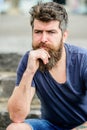 Making important choices. Man with beard and mustache thoughtful troubled. Hipster with beard thoughtful expression Royalty Free Stock Photo