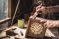 Making wooden insect hotel in workshop Royalty Free Stock Photo