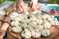 Making khinkali Georgian food Caucasian dishes Royalty Free Stock Photo