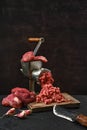 Making minced beef meat with meat grinder