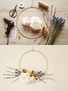 Making modern spring theme floral arrangement wreath for home decoration. Before with tools and after ready. Royalty Free Stock Photo