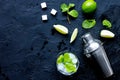 Making mojito on dark background top view