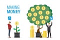 Making money concept banner. Businessman with big profit and huge money tree. Unsuccessful entrepreneur with small plant and no