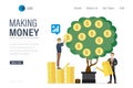 Making money landing page template. People grows profit money tree. Investor watering plant in pot. Venture fund, investment