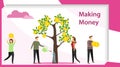 Making money. Mini people collect coins from a money tree and water it. Flat concept vector illustration of making Royalty Free Stock Photo