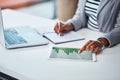 Making money work for her business. Shot of an unrecognizable businesswoman using a digital tablet with graphs on it in Royalty Free Stock Photo