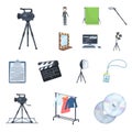 Making a movie cartoon icons in set collection for design. Attributes and Equipment vector symbol stock web illustration Royalty Free Stock Photo