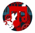 Making Music Factory Pop Rock Band Studio Songwriter Logo or Album Cover with Keyboard Guitar and Cogs in Red White and Blue