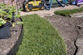 Making of natural green lawn in garden with rolls of green grass, garden works in spring