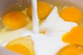 Making an omelet for breakfast. Mixing eggs and milk. Royalty Free Stock Photo