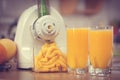 Making orange juice in juicer machine in kitchen Royalty Free Stock Photo