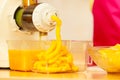 Making orange juice in juicer machine in kitchen Royalty Free Stock Photo