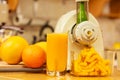 Making orange juice in juicer machine in kitchen Royalty Free Stock Photo