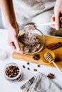 Making organic scrub handmade at home with hands Royalty Free Stock Photo