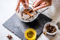 Making organic scrub handmade at home with hands Royalty Free Stock Photo