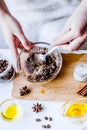 Making organic scrub handmade at home with hands Royalty Free Stock Photo