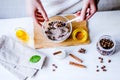 Making organic scrub handmade at home with hands Royalty Free Stock Photo