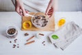 Making organic scrub handmade at home with hands Royalty Free Stock Photo