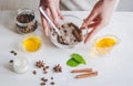 Making organic scrub handmade at home with hands Royalty Free Stock Photo