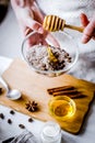 Making organic scrub handmade at home with hands Royalty Free Stock Photo