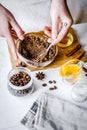 Making organic scrub handmade at home with hands Royalty Free Stock Photo