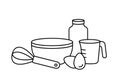 Making pancake batter. Horizontal linear pictogram of cooking, basic set. Bowl, whisk, bottle of milk, eggs, measuring cup. Black Royalty Free Stock Photo