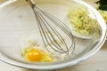 Making pancake batter for sweet fried elderflowers, bowl with in