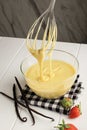 Making Pancakes, Cake, Baker Hands Pouring Batter and Whisking Batter in Bowl. Concept of Cooking Ingredients and Method on White Royalty Free Stock Photo