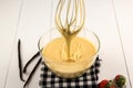 Making Pancakes, Cake, Baker Hands Pouring Batter and Whisking Batter in Bowl. Concept of Cooking Ingredients and Method on White Royalty Free Stock Photo