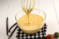 Making Pancakes, Cake, Baker Hands Pouring Batter and Whisking Batter in Bowl. Concept of Cooking Ingredients and Method on White Royalty Free Stock Photo