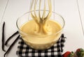 Making Pancakes or Cake, Baker Hands Pouring Batter and Whisking Batter in Bowl. Concept of Cooking Ingredients and Method on Royalty Free Stock Photo