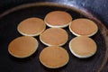 Making pancakes on frying pan top view