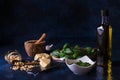 Making tomato pesto, with fresh pasta, parmesan cheese, keshu nuts, basil and olive oil Royalty Free Stock Photo