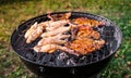 Making pork chops and chicken skewers on barbecue grill.