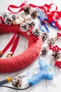 Making red christmas wreath decoration diy handmade Royalty Free Stock Photo