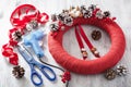 Making red christmas wreath diy handmade Royalty Free Stock Photo