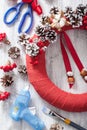 Making red christmas wreath diy handmade Royalty Free Stock Photo