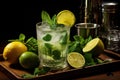 Making a refreshing mojito cocktail. Mint, lime, ice on dark wooden background. Copy space.