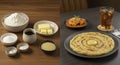 Making Roti Canai Flatbread Ingredients and Finished Meal with Curry Chicken