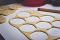 Making round shaped cookie dough and rolling pin mold Royalty Free Stock Photo